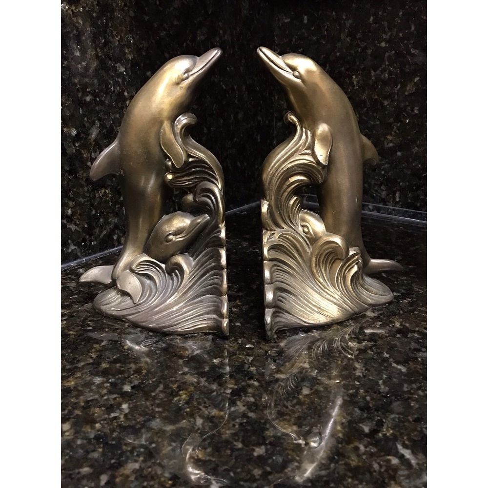 Vintage Brass Dolphin in Ocean‎ Waves Bookends Made in USA Nautical 1975